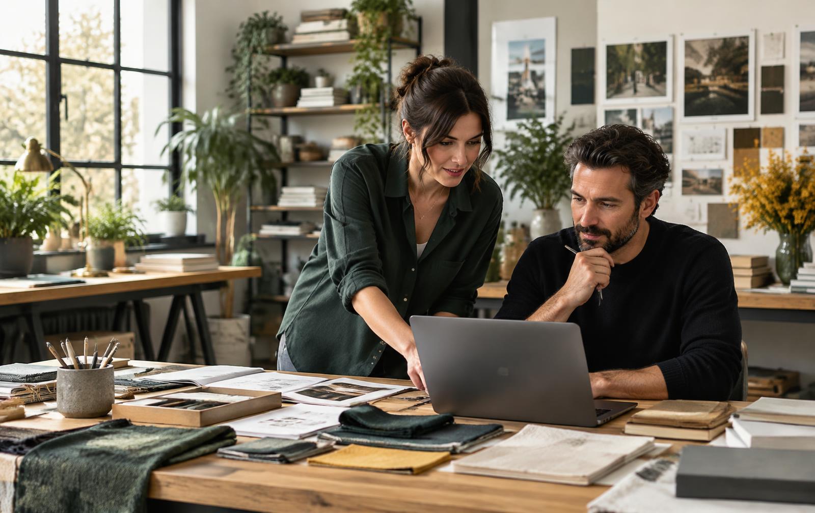 Entrepreneurs collaborating on business work in a creative studio