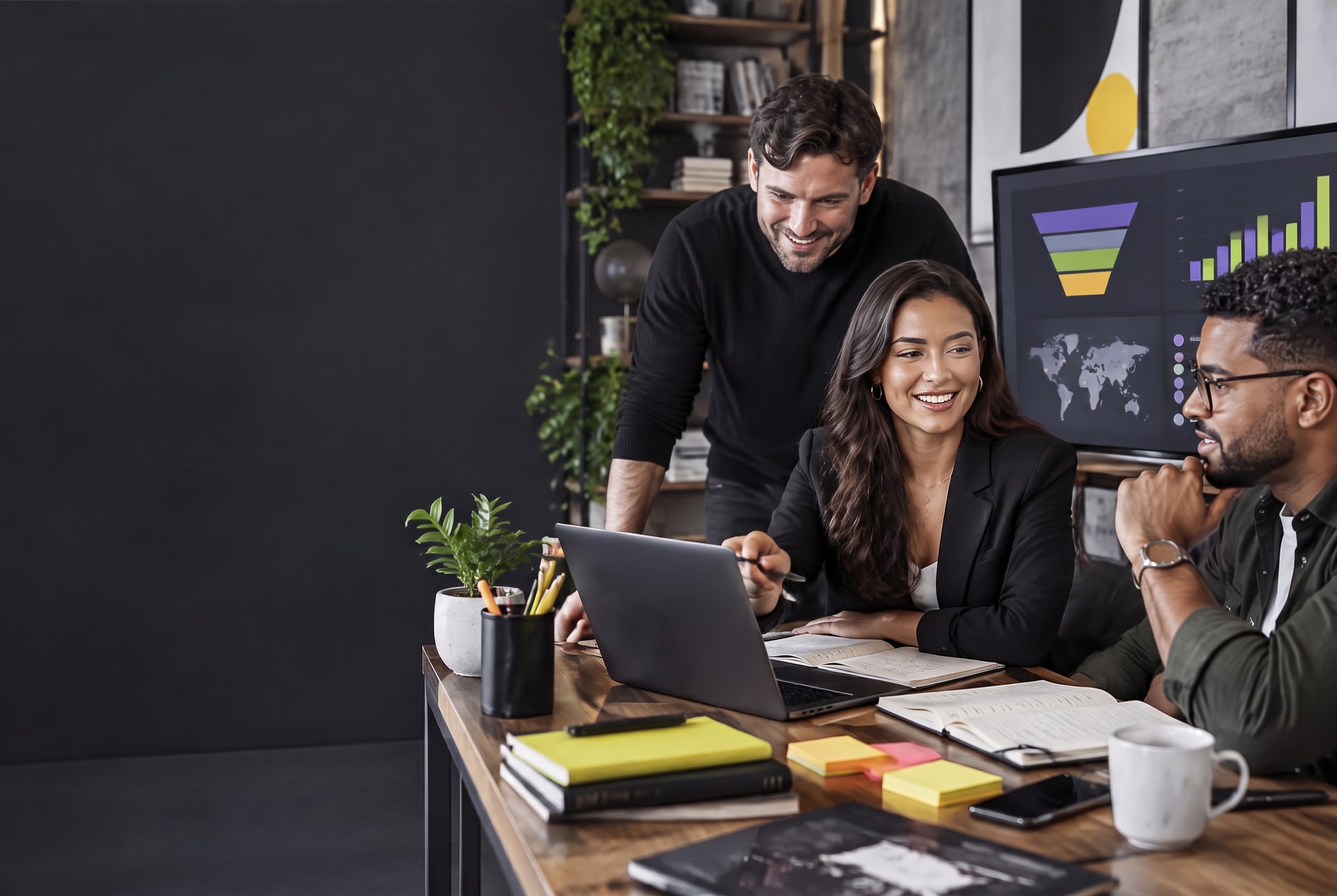 A KGHQ sales team reviewing pipeline results together around a laptop